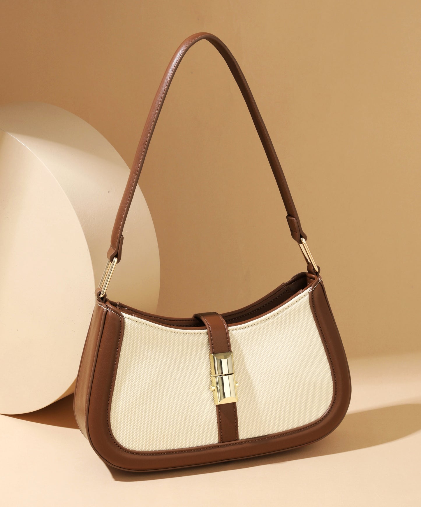 Canvas & Vegan Leather Shoulder Bag – Beige & Brown Edition