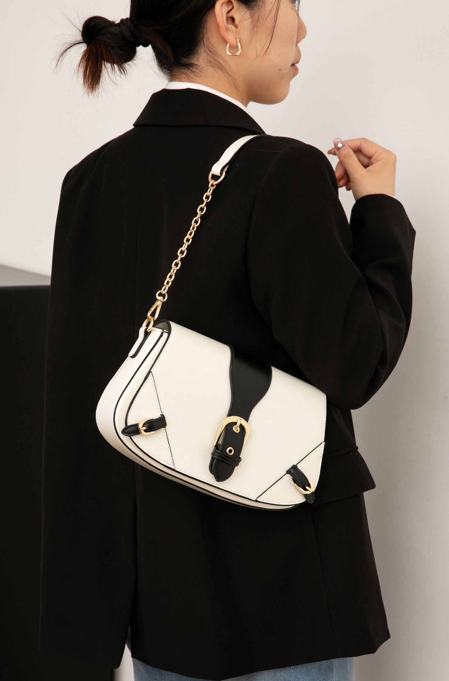 Classic Contrast Flap Shoulder Bag – Ivory & Black Edition