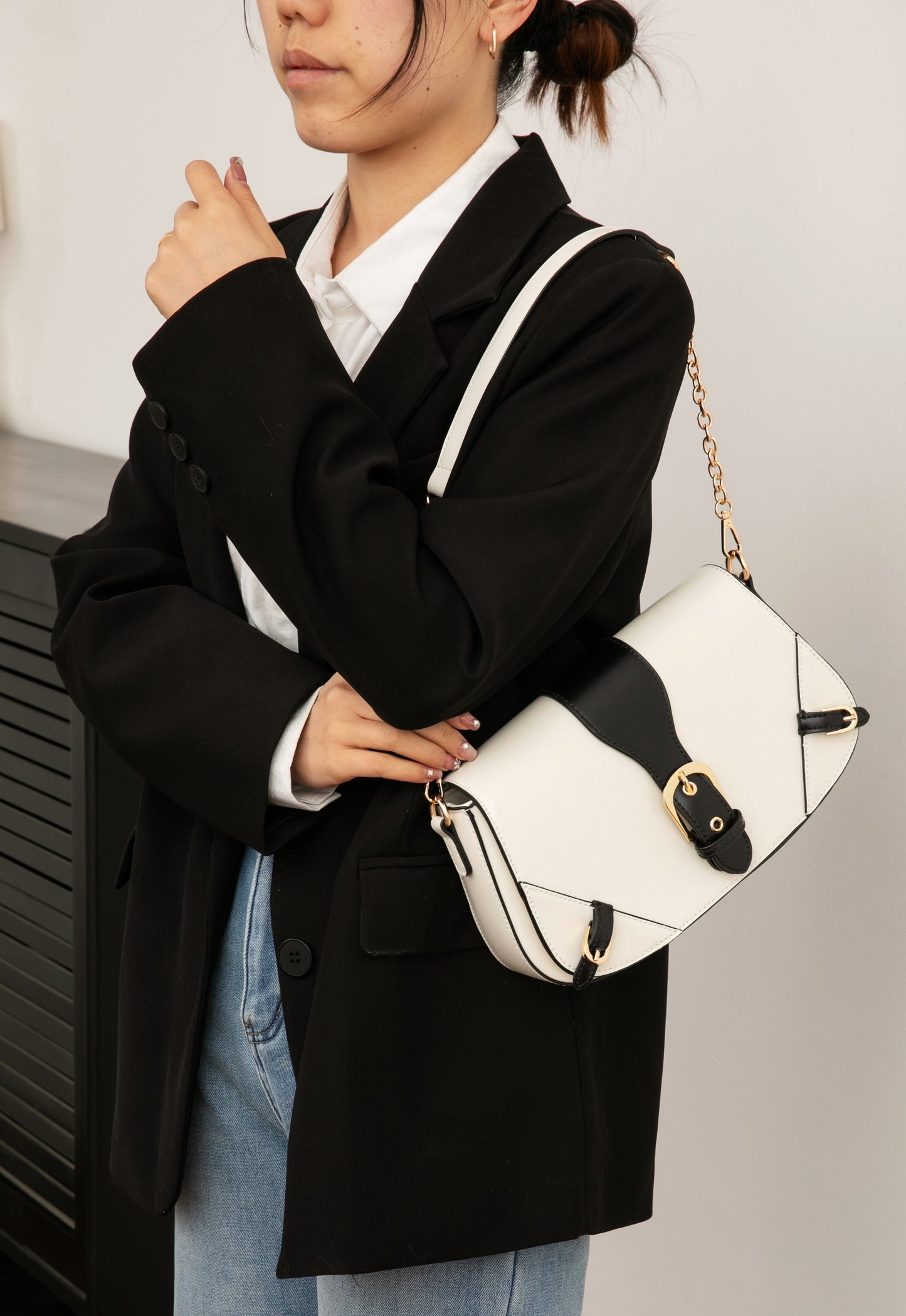 Classic Contrast Flap Shoulder Bag – Ivory & Black Edition