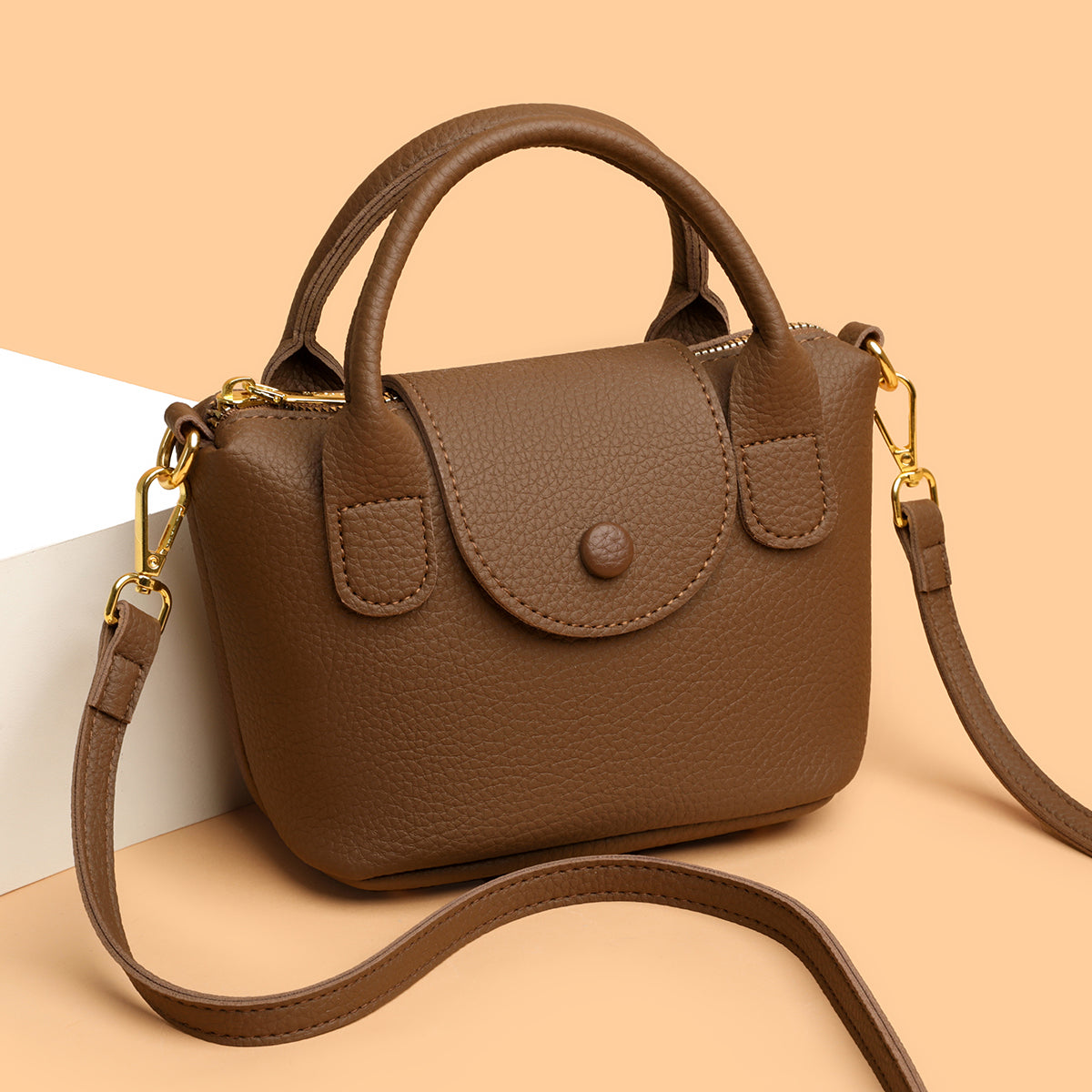 The "Mini Bucket Pouch" Top-Handle Crossbody (Brown)
