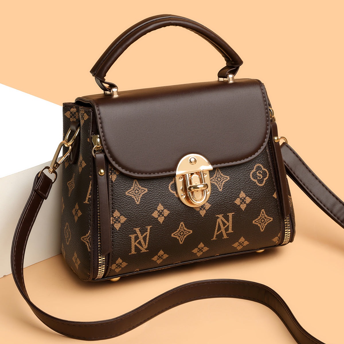 Elegant Monogram Top Handle Satchel – Brown Edition