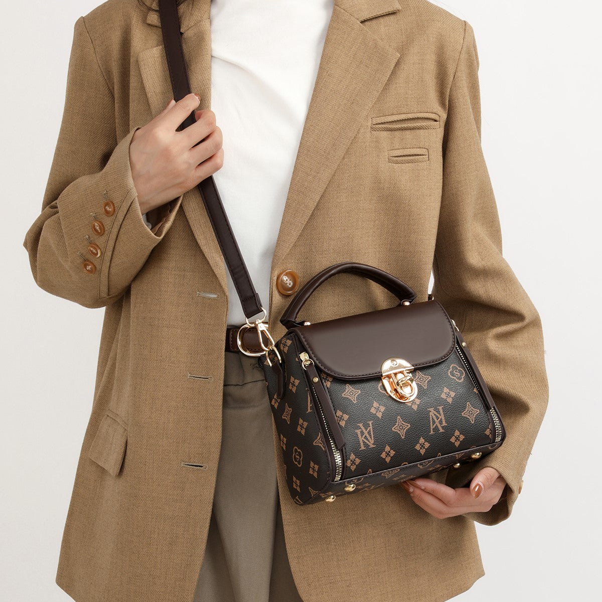Elegant Monogram Top Handle Satchel – Brown Edition