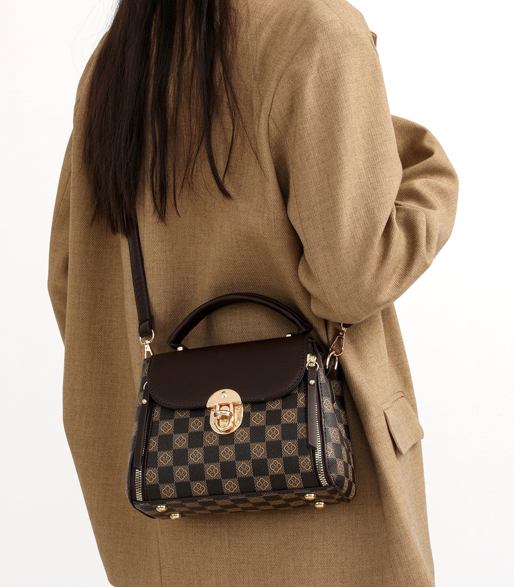 Elegant Checkered Top Handle Satchel – Brown Edition