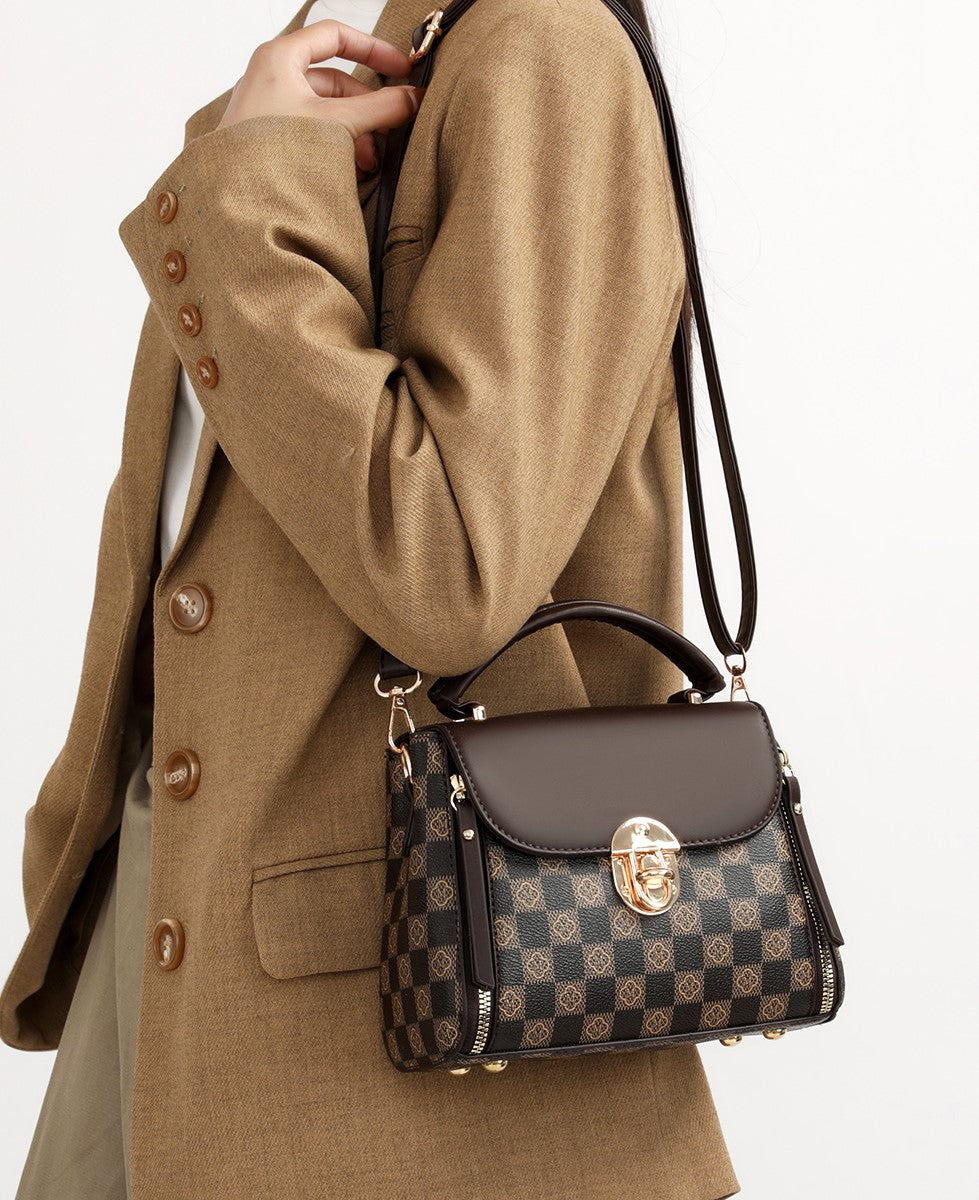 Elegant Checkered Top Handle Satchel – Brown Edition
