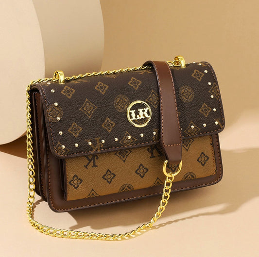 Elegant Monogram Chain Crossbody Bag – Brown Edition