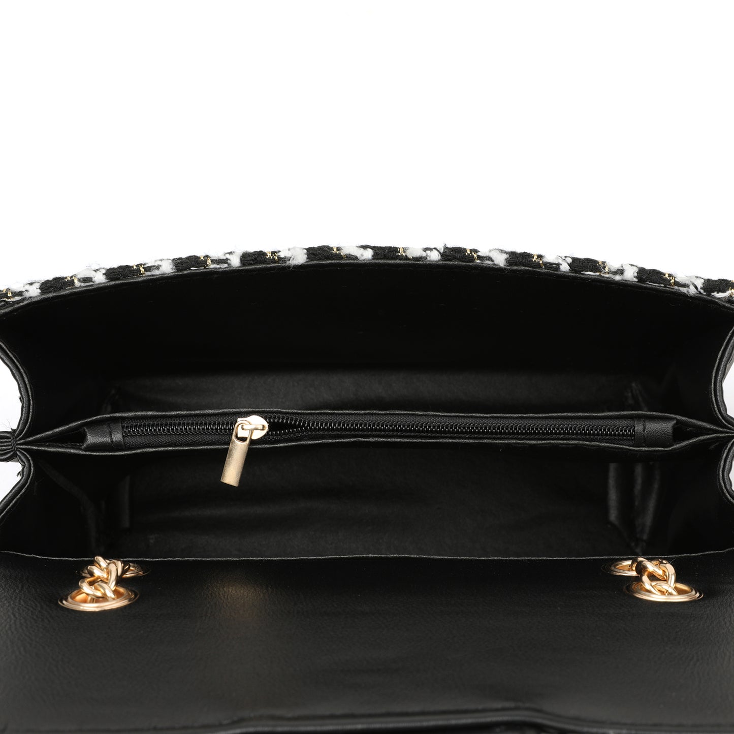 The “City Heiress” Gold-Chain Bag (Black & Ivory Tweed)