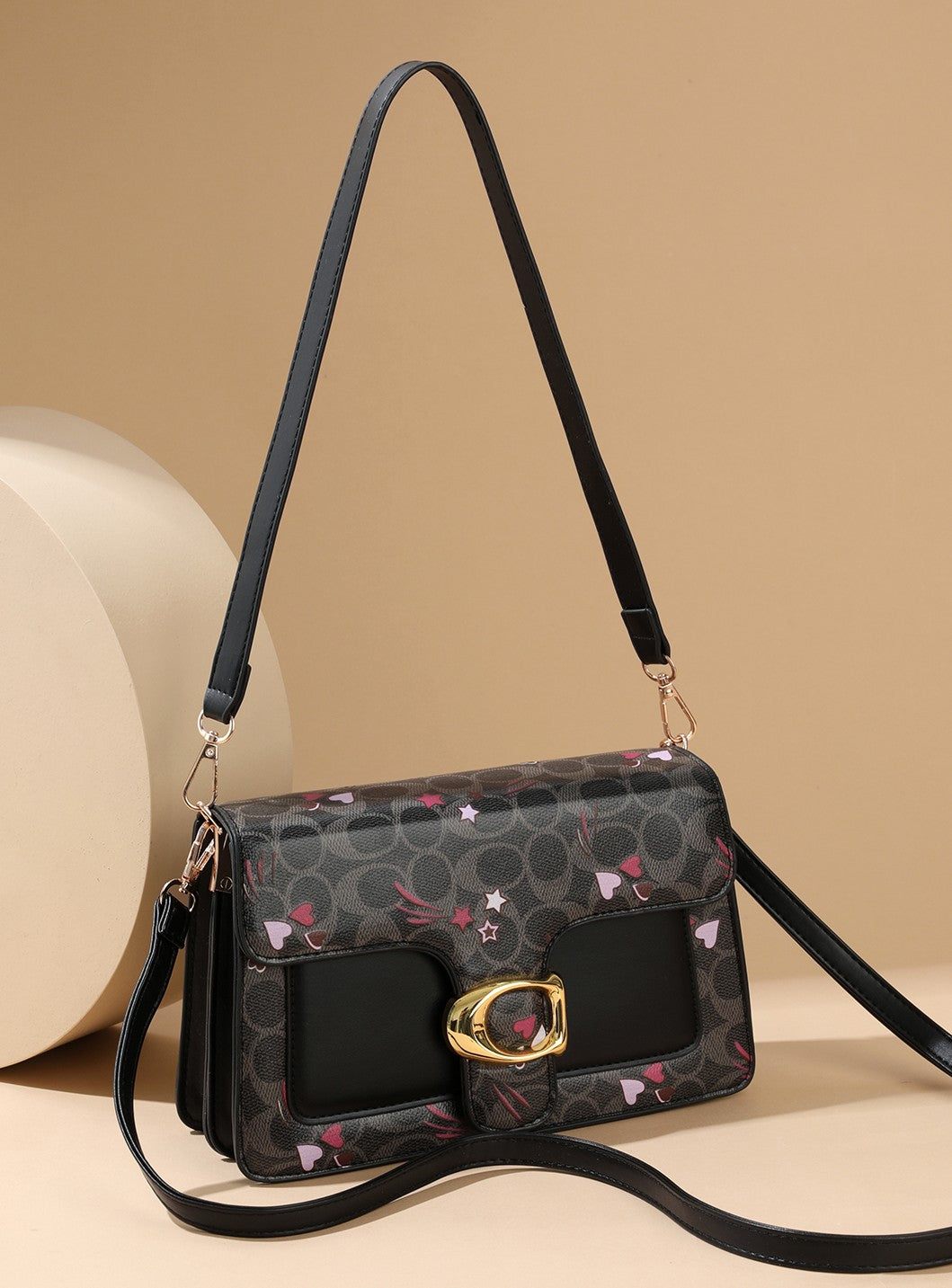 Signature Monogram Heart Print Shoulder Bag – Black Edition