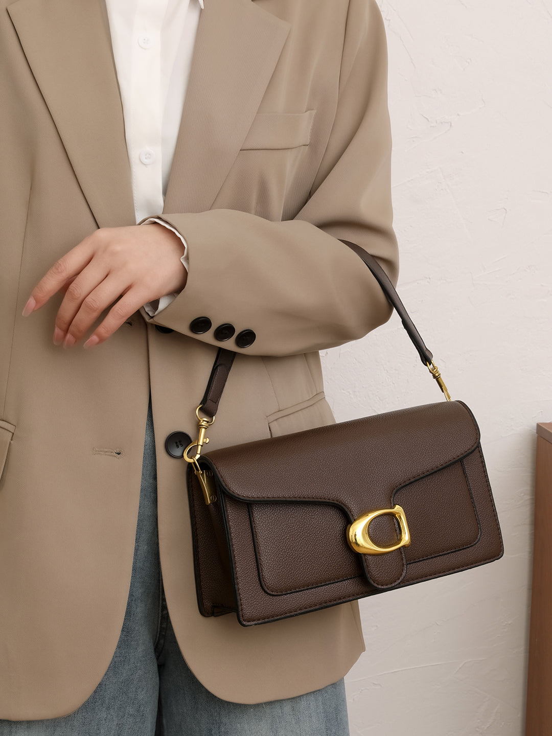 Classic Textured Flap Shoulder Bag – Brown Edition