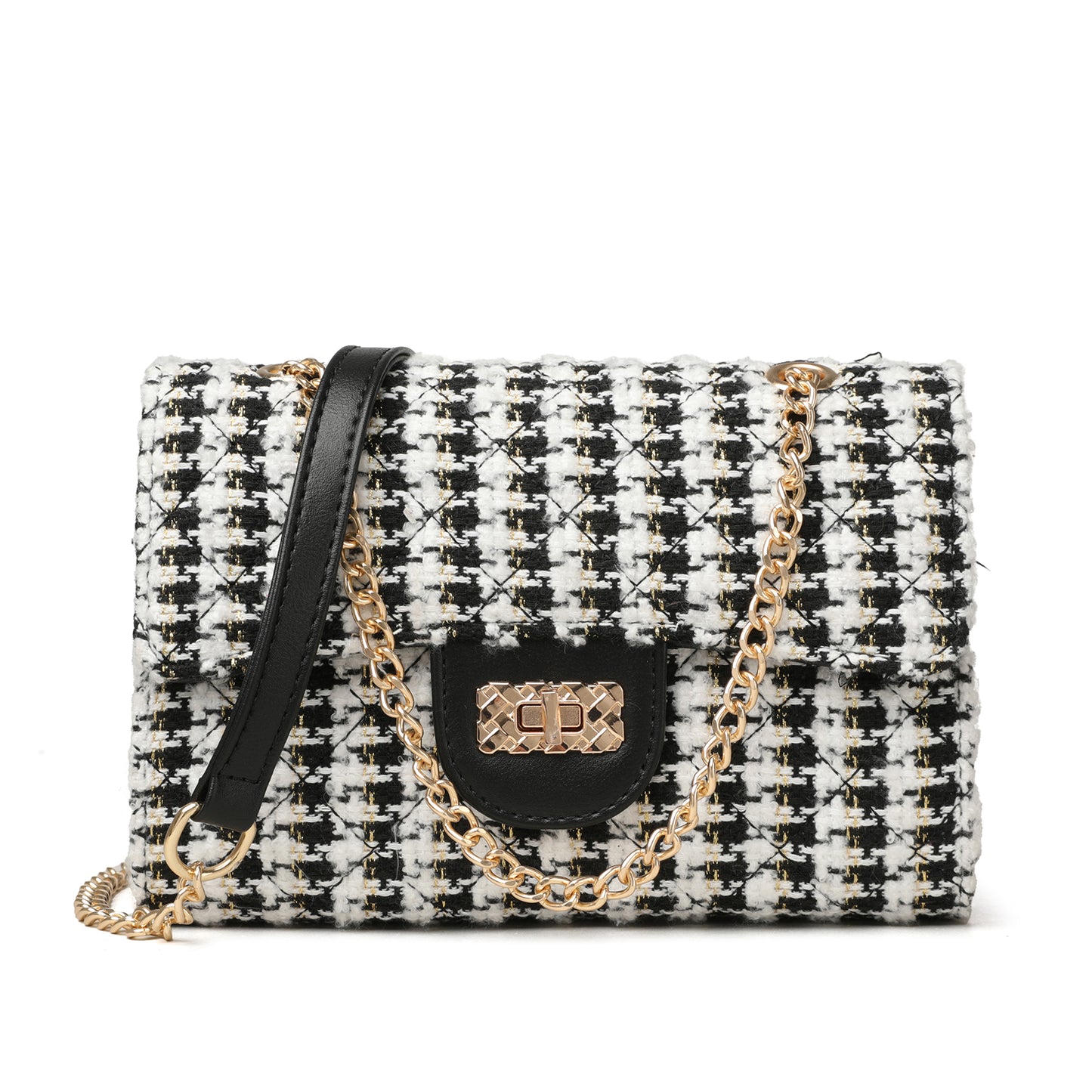 The “City Heiress” Gold-Chain Bag (Black & Ivory Tweed)