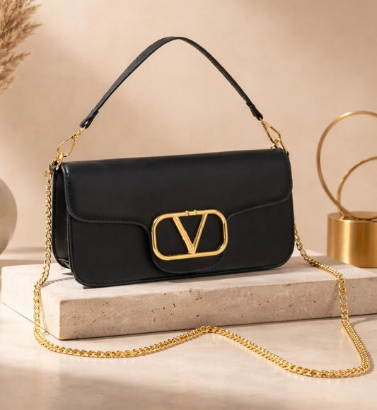 Luxe V-Buckle Shoulder Bag – Black Edition