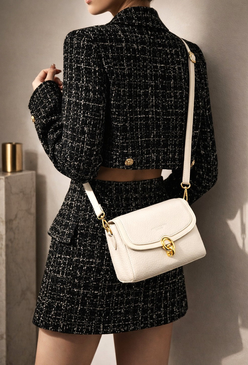 Classic Lock Leather Shoulder Bag – Ivory Edition