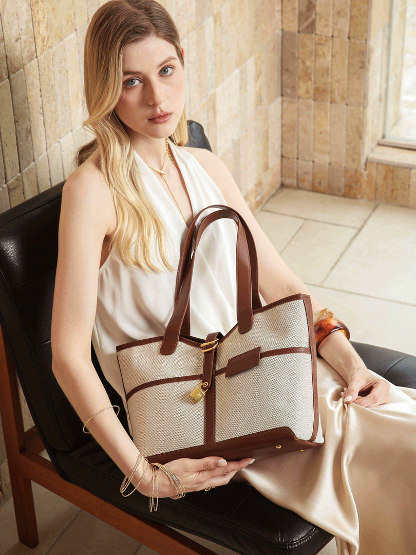 Classic Canvas Tote Bag – Beige & Brown Edition
