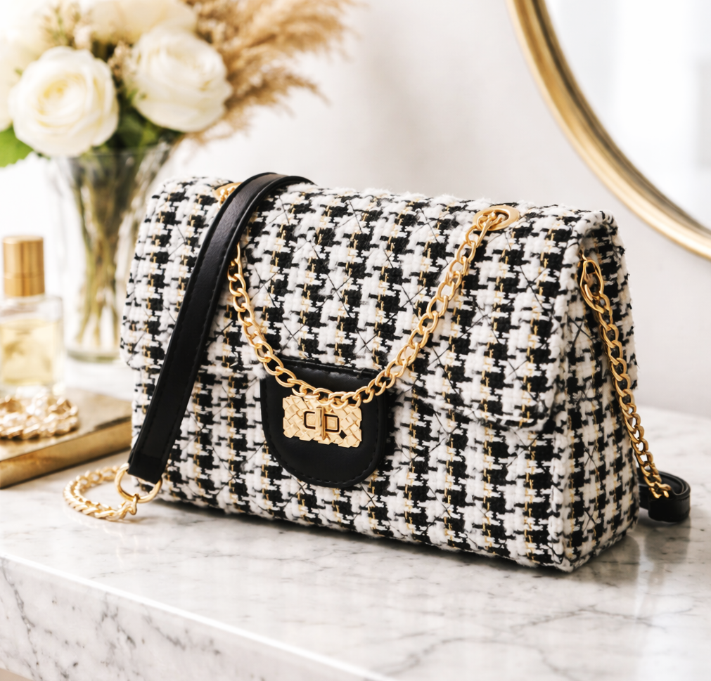 The “City Heiress” Gold-Chain Bag (Black & Ivory Tweed)