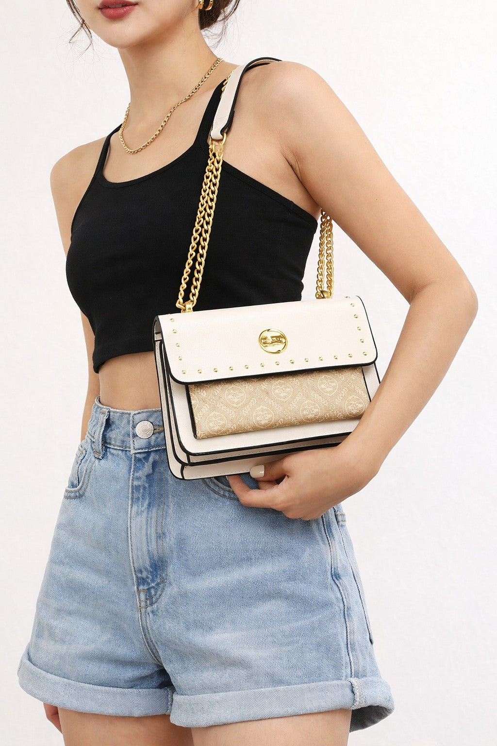 Elegant Studded Chain Crossbody Bag – Ivory Edition