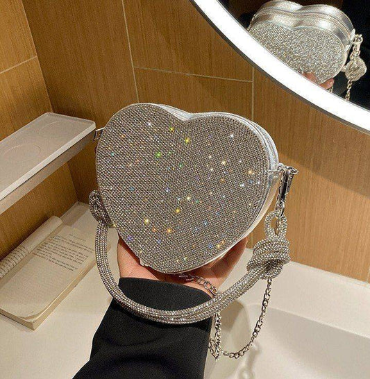 Crystal Heart Crossbody Bag – Silver Edition