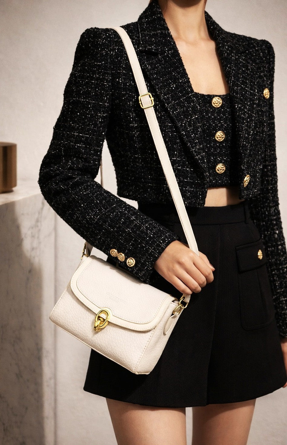 Classic Lock Leather Shoulder Bag – Ivory Edition