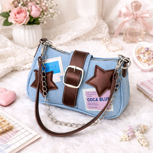 The “Cocoa Pop” Denim Shoulder Bag (Vintage Star Patch)