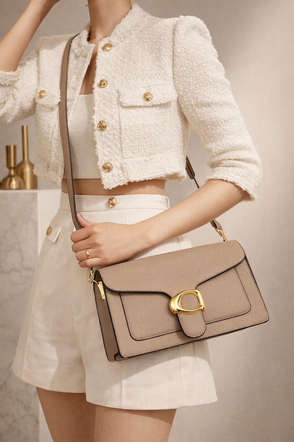 Elegant Buckle Shoulder Bag – Beige Edition