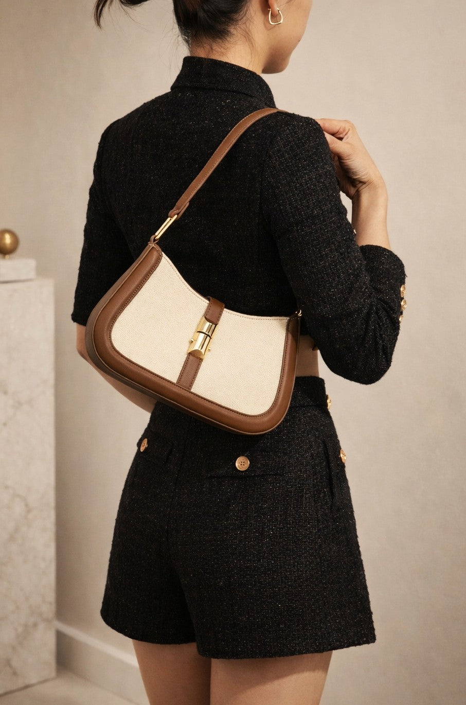 Canvas & Vegan Leather Shoulder Bag – Beige & Brown Edition