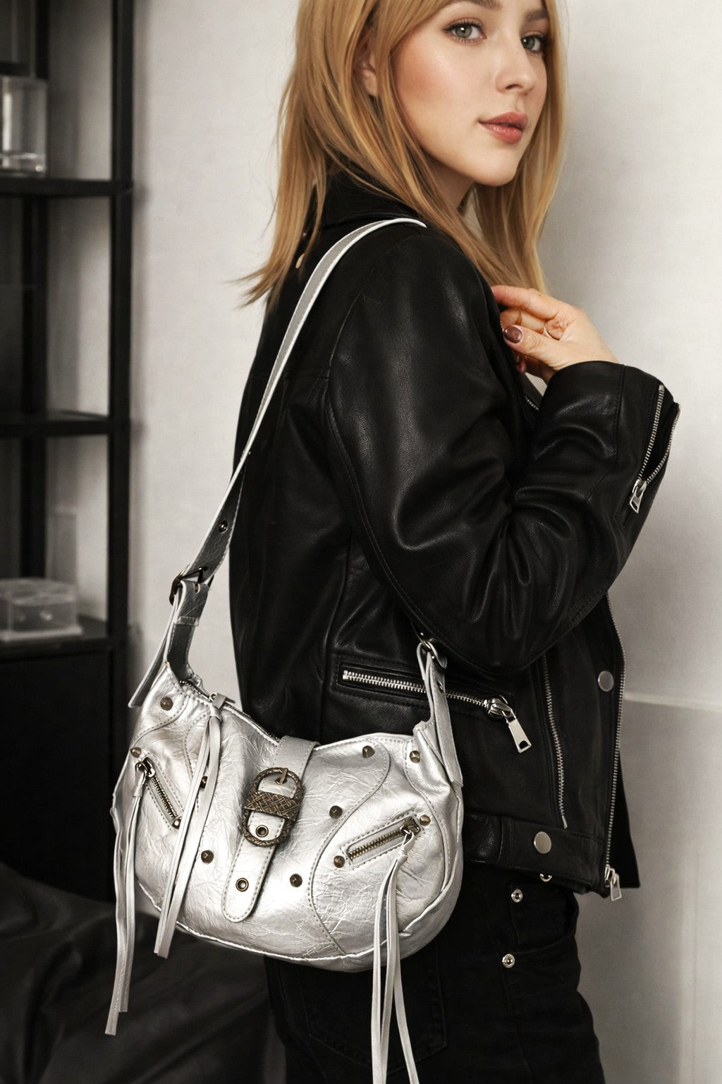 The “Silver Rebel” Studded Shoulder Bag