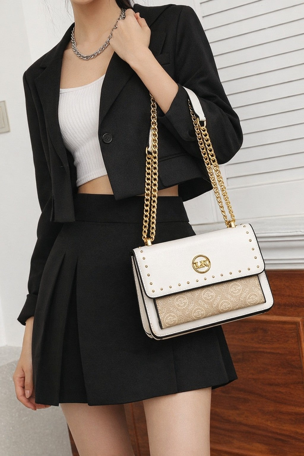Elegant Studded Chain Crossbody Bag – Ivory Edition