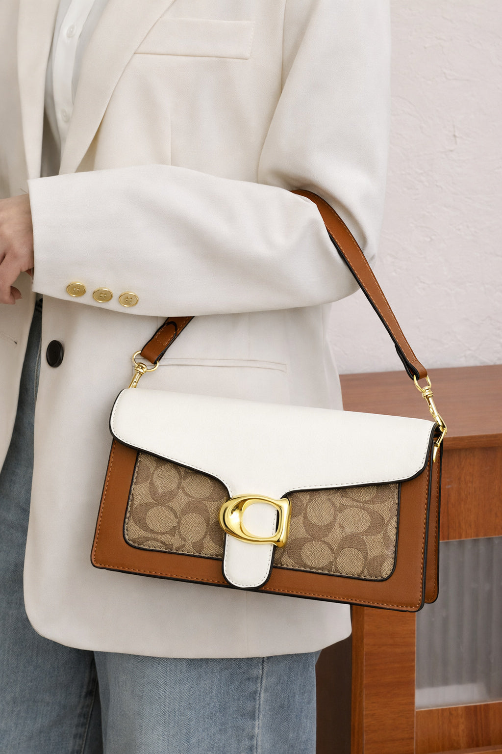 Classic Monogram Flap Shoulder Bag – White & Tan Edition