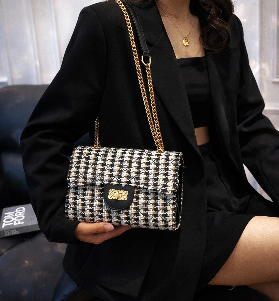 The “City Heiress” Gold-Chain Bag (Black & Ivory Tweed)